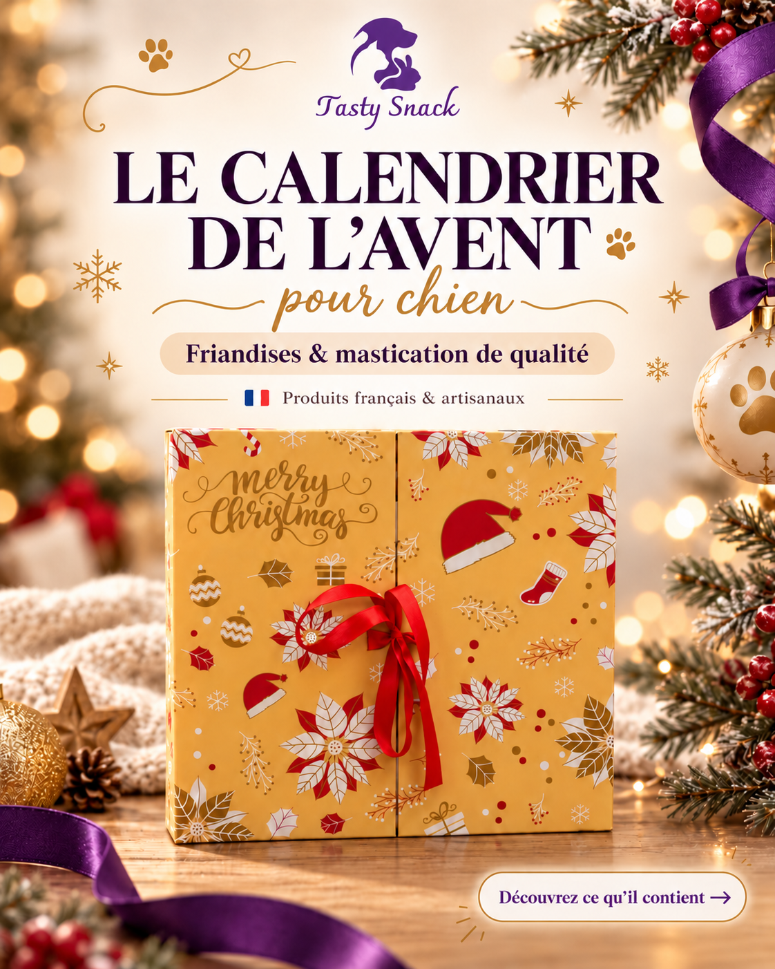 Calendrier de l'Avent pour chien XXL Tasty Snack fermé, avec son ruban rouge et ses décorations de Noël.